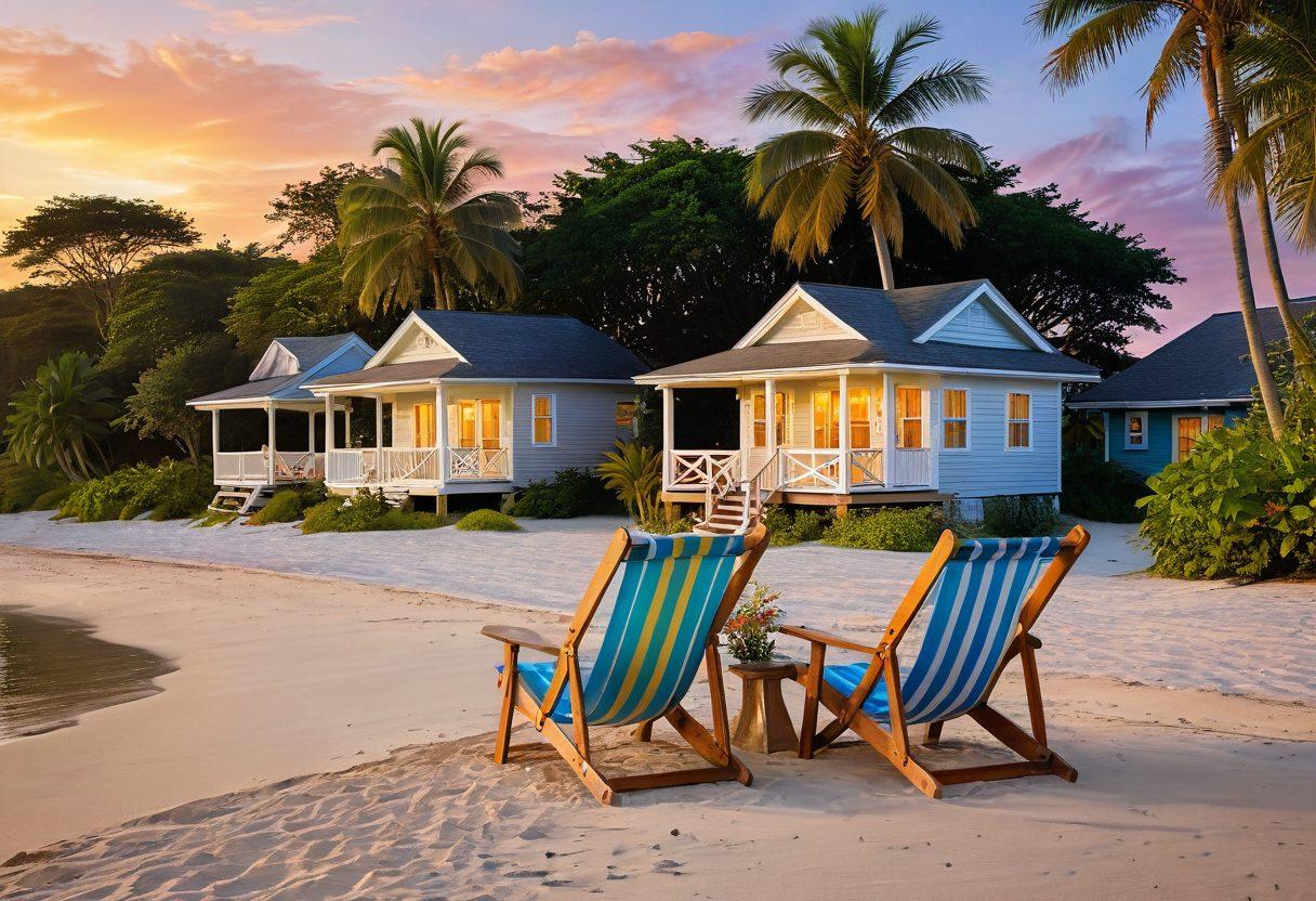 A serene beach scene featuring a cozy rental cottage adorned with colorful beach chairs and umbrellas, overlooking gentle waves and a bright sunny sky. Lush tropical plants frame the view, inviting relaxation. Include soft sand and a distant sunset for a warm, inviting glow. super-realistic. vibrant colors. peaceful atmosphere.