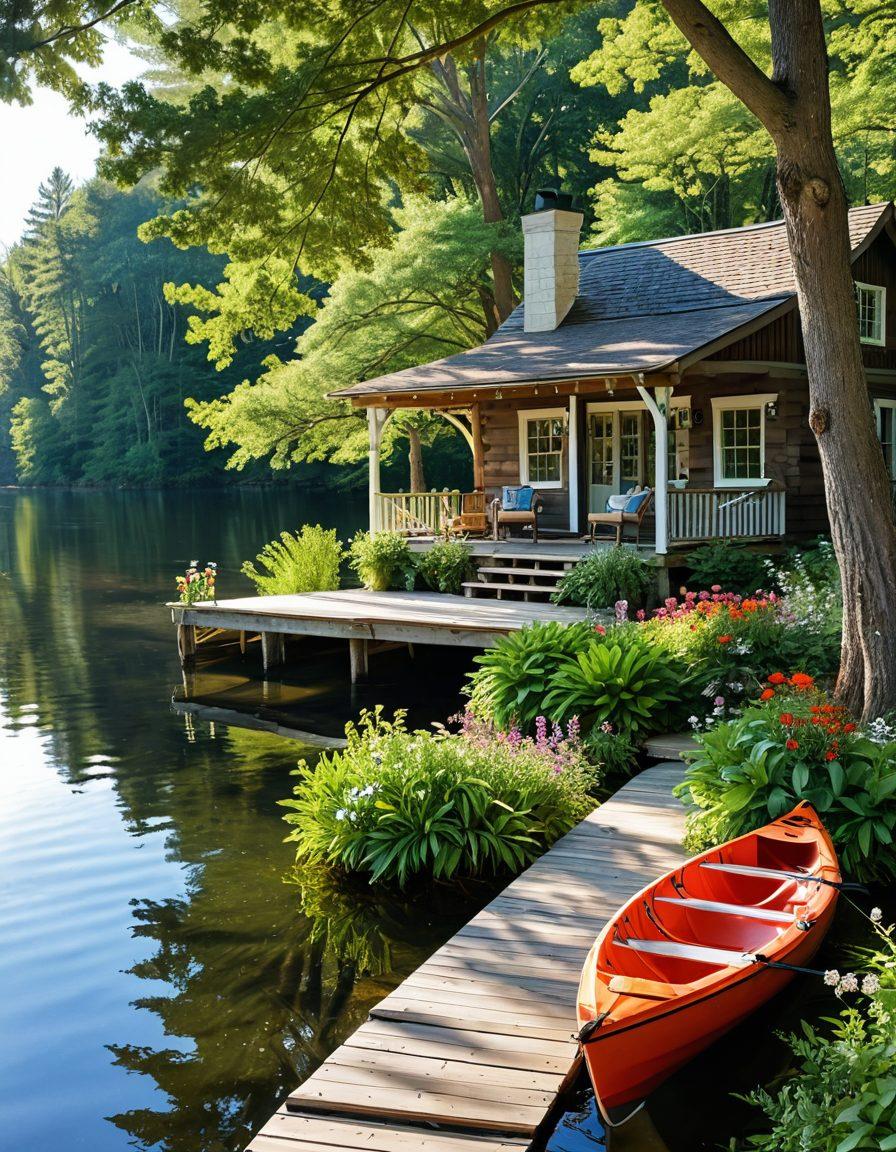 A serene summer cottage surrounded by lush greenery, with a cozy porch adorned with colorful flowers and a hammock swinging gently in the breeze. Soft sunlight filters through tall trees, casting dappled shadows on a tranquil lake nearby. A subtle hint of adventure with a kayak tied to a wooden dock and a picnic setup by the water's edge. Ideal for evoking feelings of joy, relaxation, and the perfect summer escape. vibrant colors. super-realistic. idyllic landscape.
