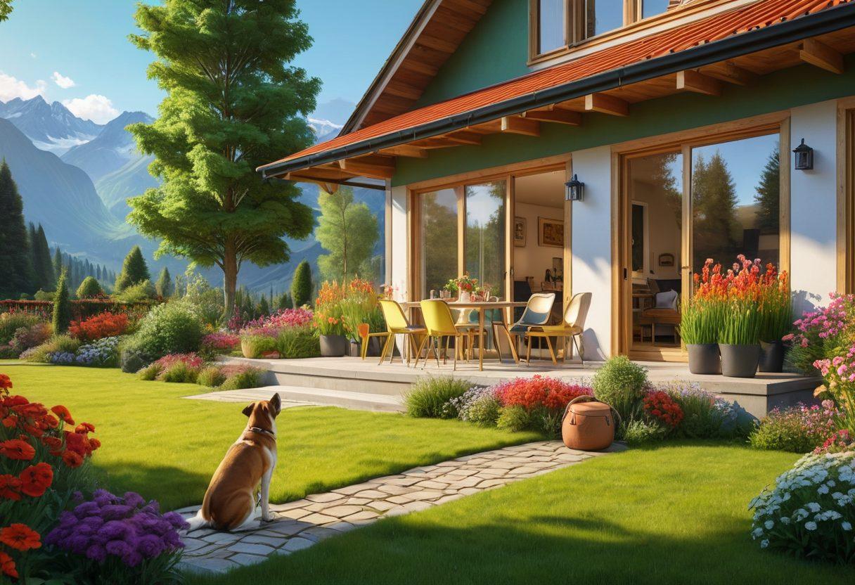 A cozy, inviting holiday rental nestled in a lush green landscape, with children playing happily on a sunlit lawn, and a family enjoying a barbecue on a spacious terrace. The scene should convey warmth, joy, and togetherness, featuring vibrant flowers and a picturesque view of mountains in the background. Include elements like colorful outdoor furniture and a playful dog to enhance the family-friendly ambiance. super-realistic. vibrant colors. 3D.